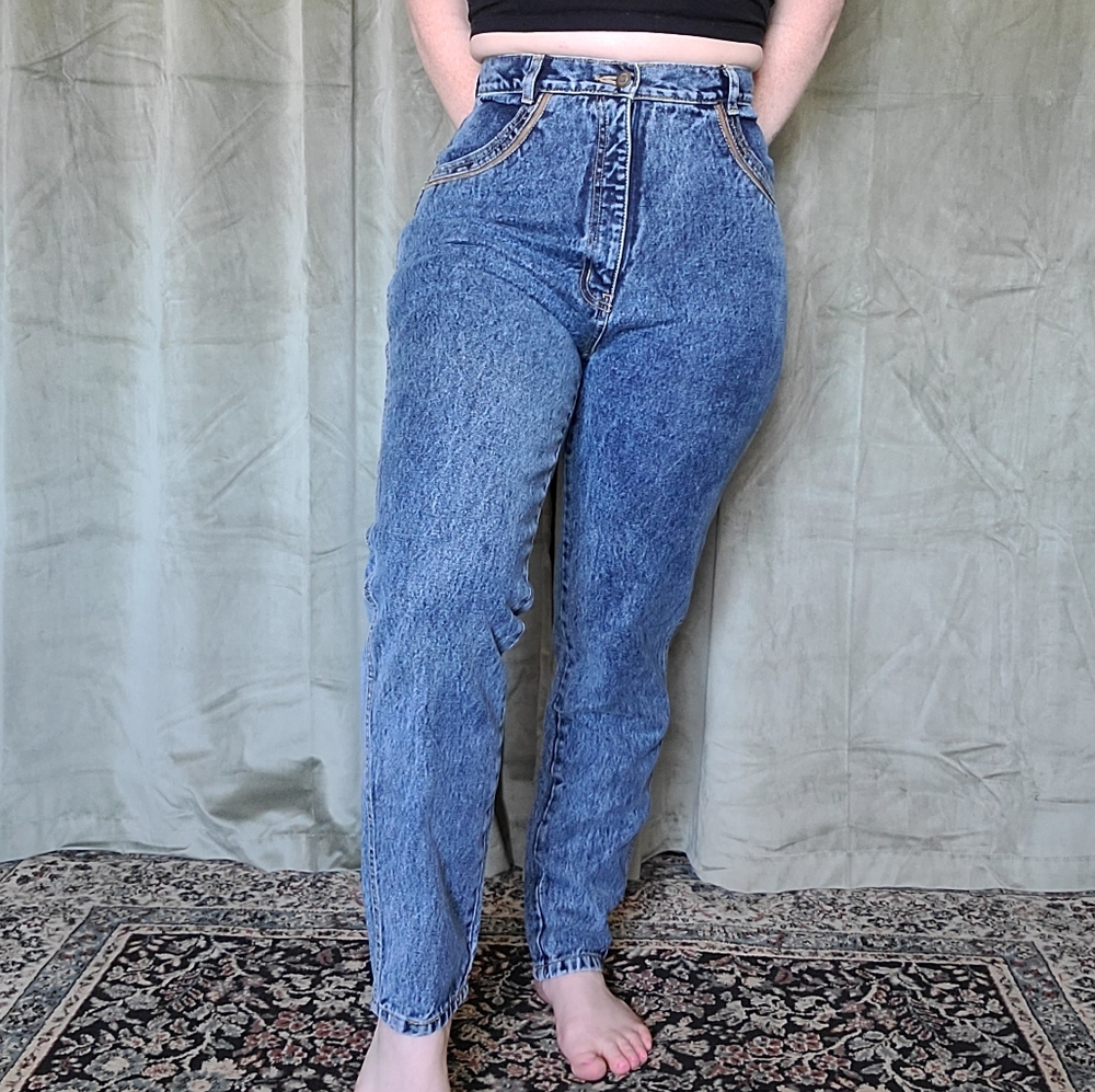 Vintage Western Coastal Cowgirl Alt Leather Trimmed High Rise Denim Mom Jeans - Picture 3 of 14
